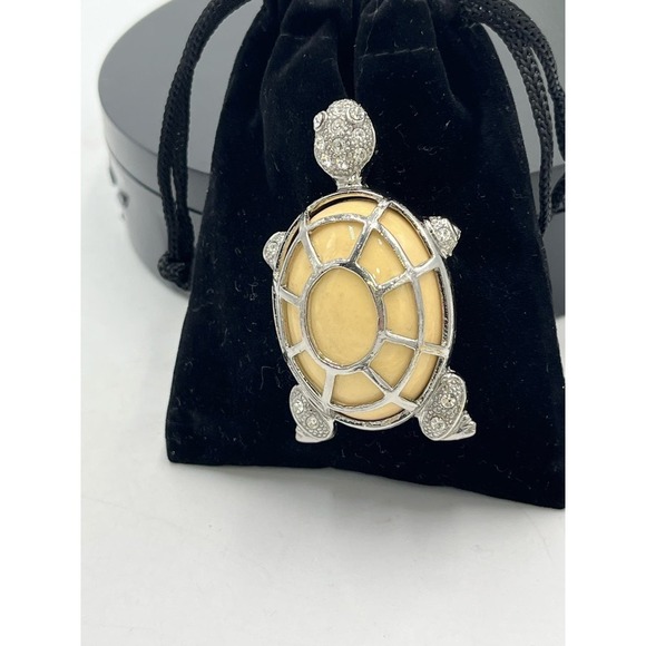 Vintage Turtle Cream Stone Silver Tone Pave Crystals Pin Brooch - Picture 3 of 14